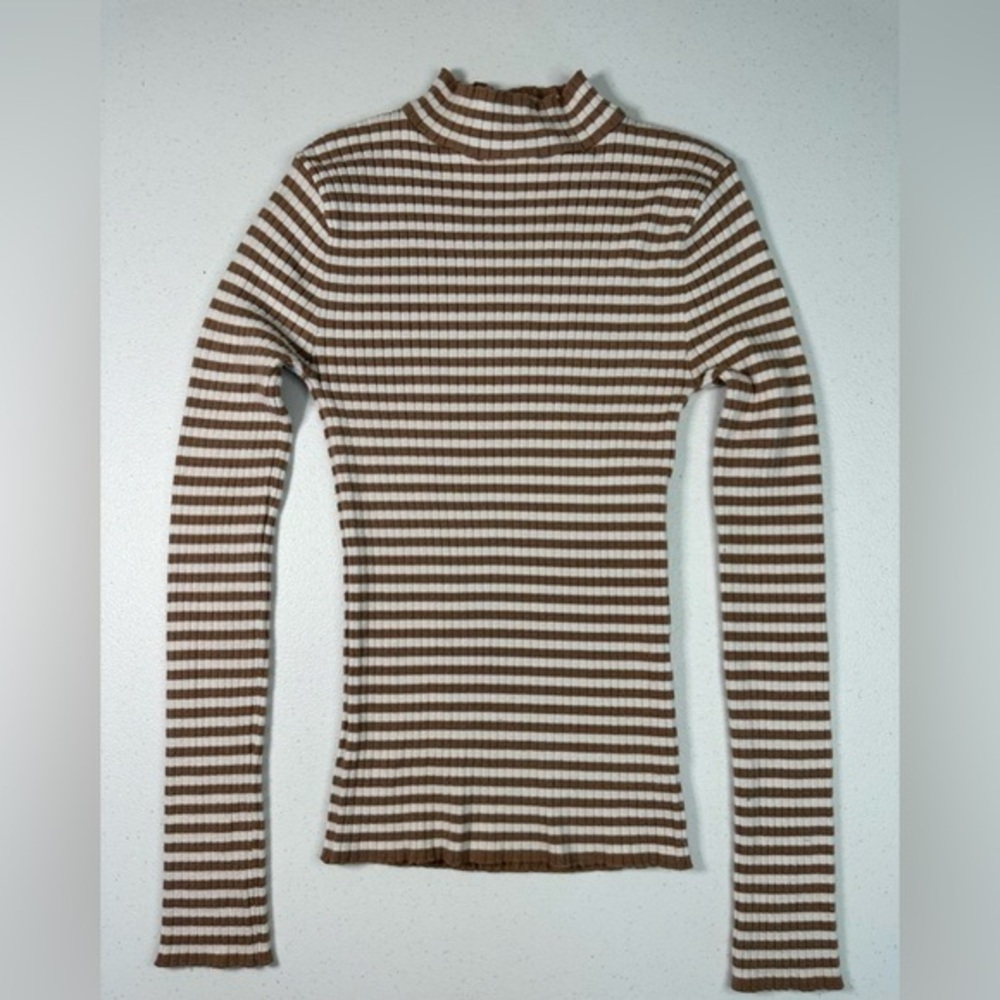 Forever 21 Brown White Striped Ribbed Mock Neck Long Sleeve Top Womens Medium